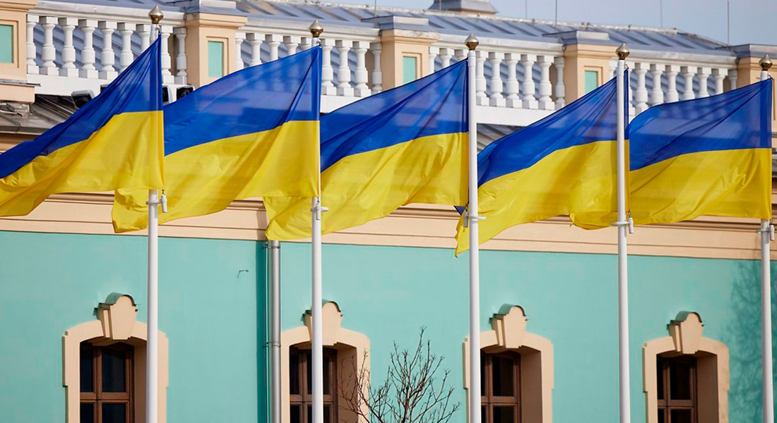 Ukranian flags and building